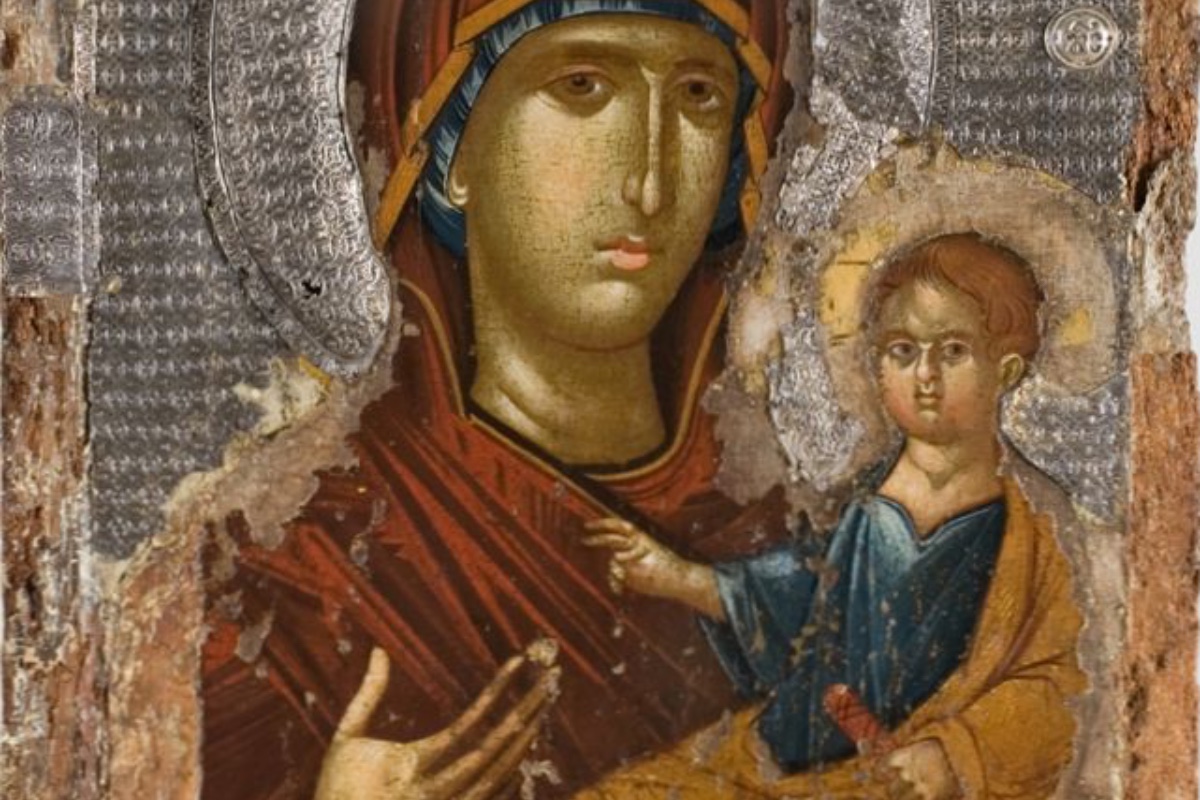 Ícone sérvio da Hodegétria, do século XIV. Atualmente no Museu Nacional da Sérvia.